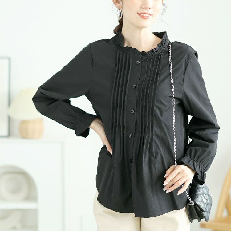 大きいサイズ レディース フリルネックプリーツブラウス　goldy-1634 【メール便可】