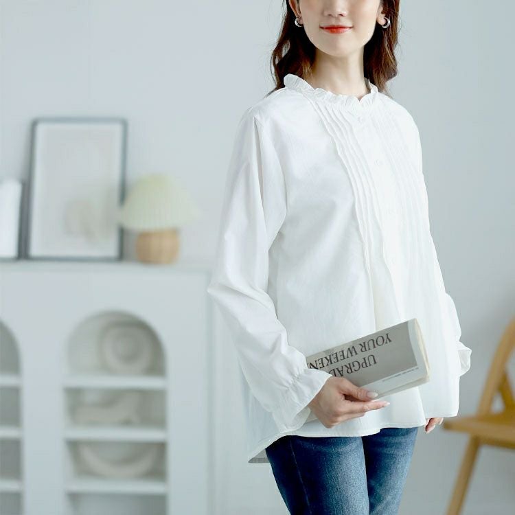 大きいサイズ レディース フリルネックプリーツブラウス　goldy-1634 【メール便可】