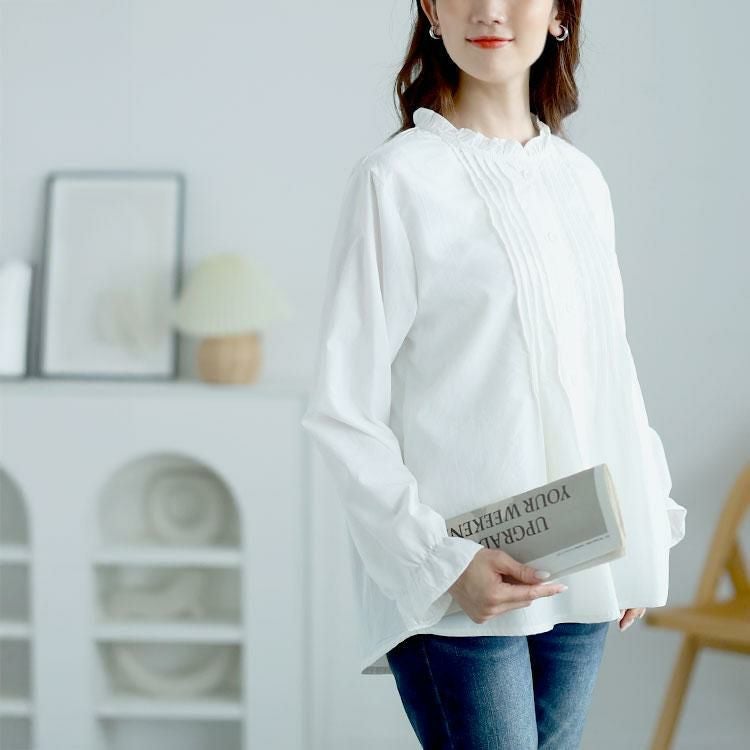 大きいサイズ レディース フリルネックプリーツブラウス　goldy-1634 【メール便可】 ホワイト