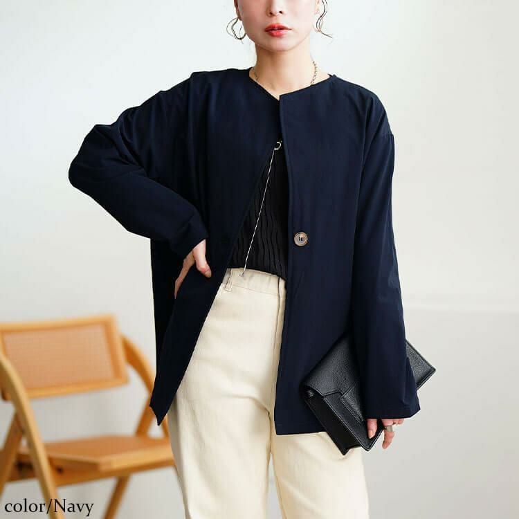 大きいサイズ レディース 軽量ストレッチ2way襟ビッグジャケット　maru-30124 ネイビー