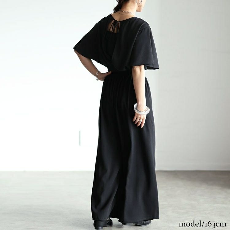 大きいサイズ レディース 深Vネックバックリボンオールインワン　tani-36531ll