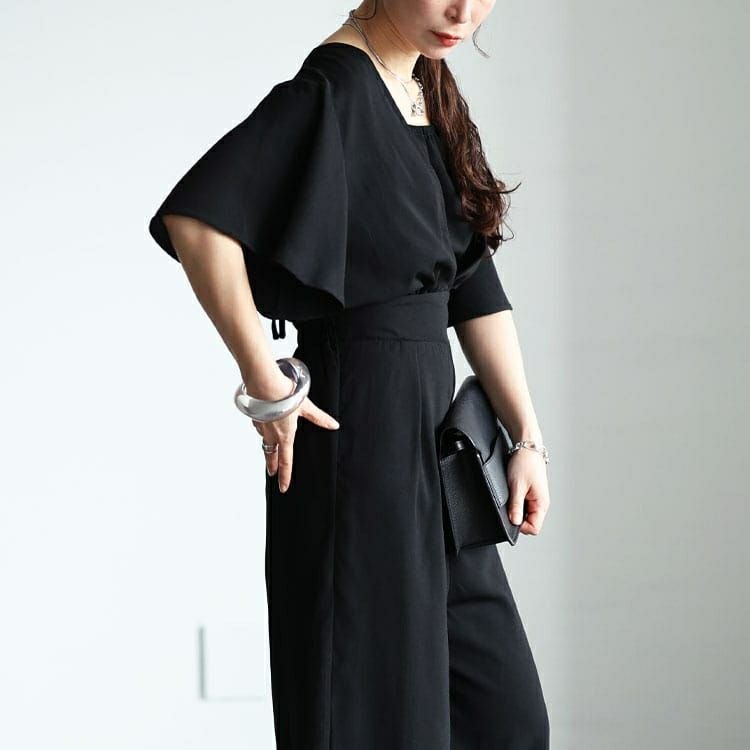 大きいサイズ レディース 深Vネックバックリボンオールインワン　tani-36531ll