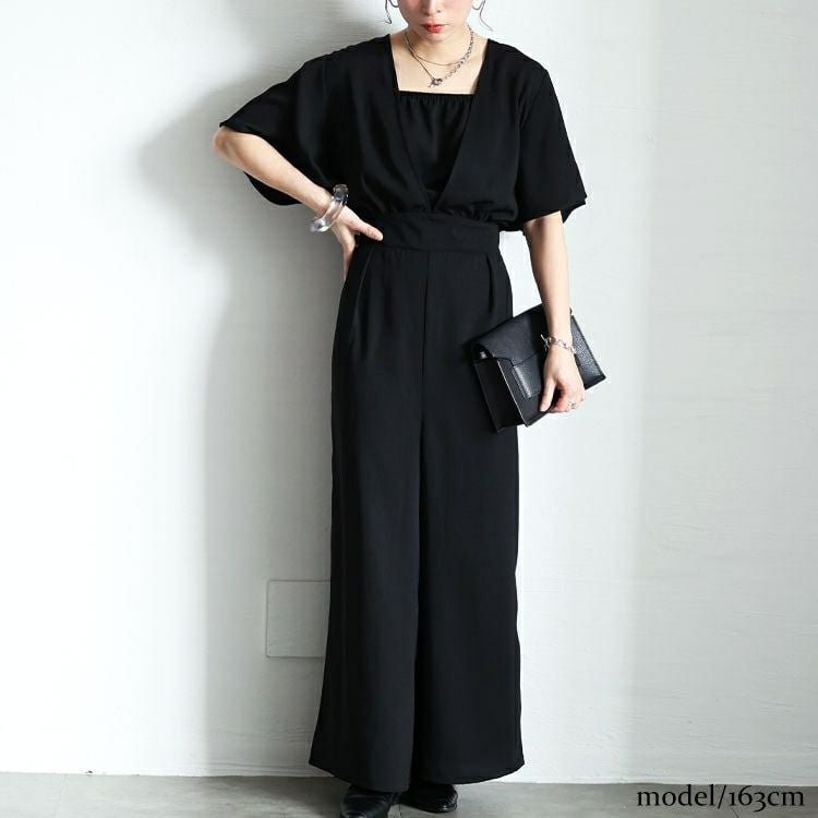 大きいサイズ レディース 深Vネックバックリボンオールインワン　tani-36531ll