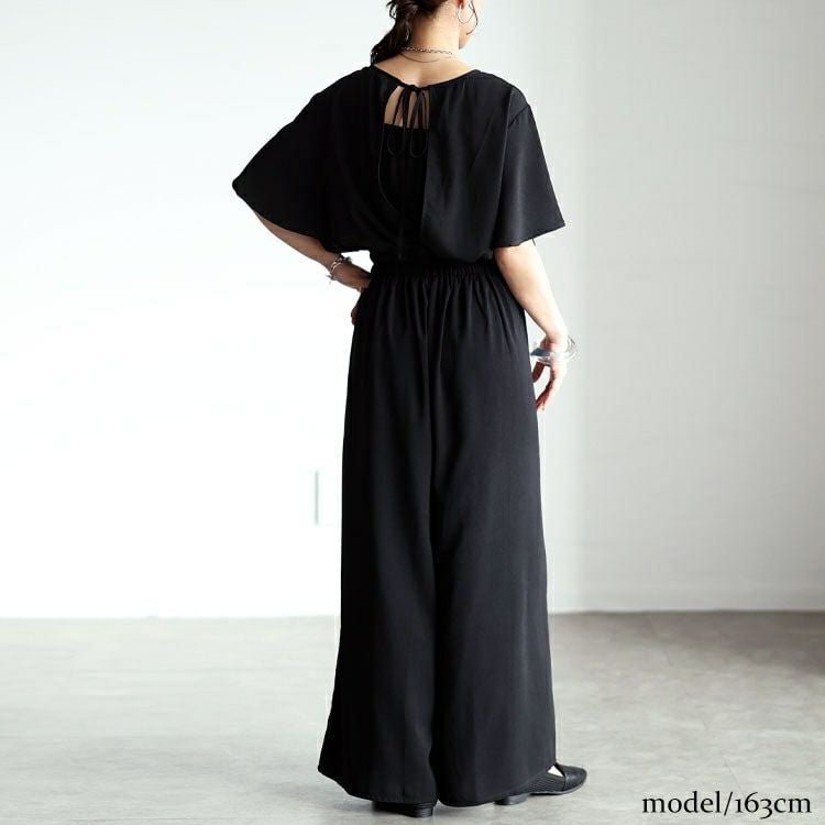 大きいサイズ レディース 深Vネックバックリボンオールインワン　tani-36531ll