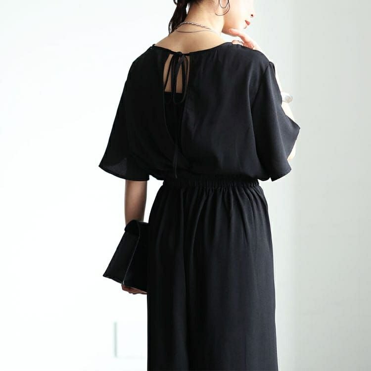 大きいサイズ レディース 深Vネックバックリボンオールインワン　tani-36531ll