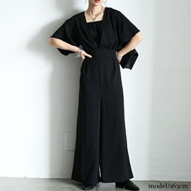 大きいサイズ レディース 深Vネックバックリボンオールインワン　tani-36531ll