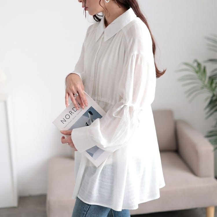 大きいサイズ レディース リボンドロストギャザーシャツチュニック　tani-36798ll