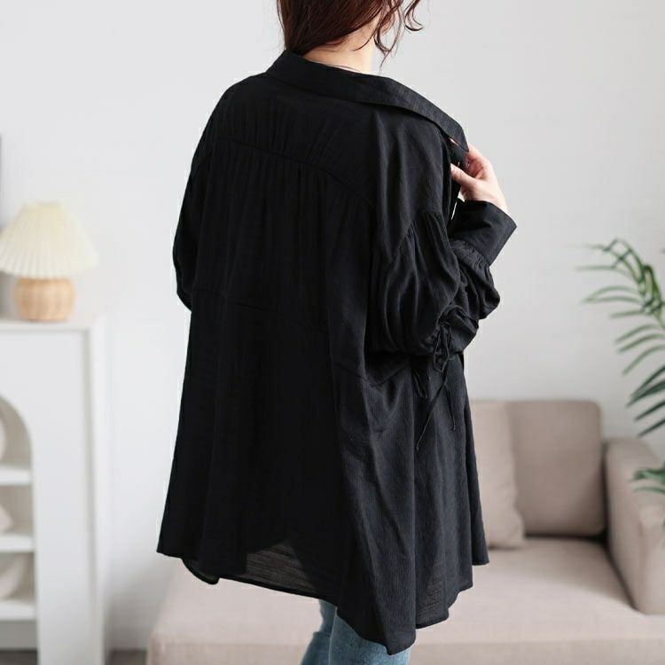 大きいサイズ レディース リボンドロストギャザーシャツチュニック　tani-36798ll