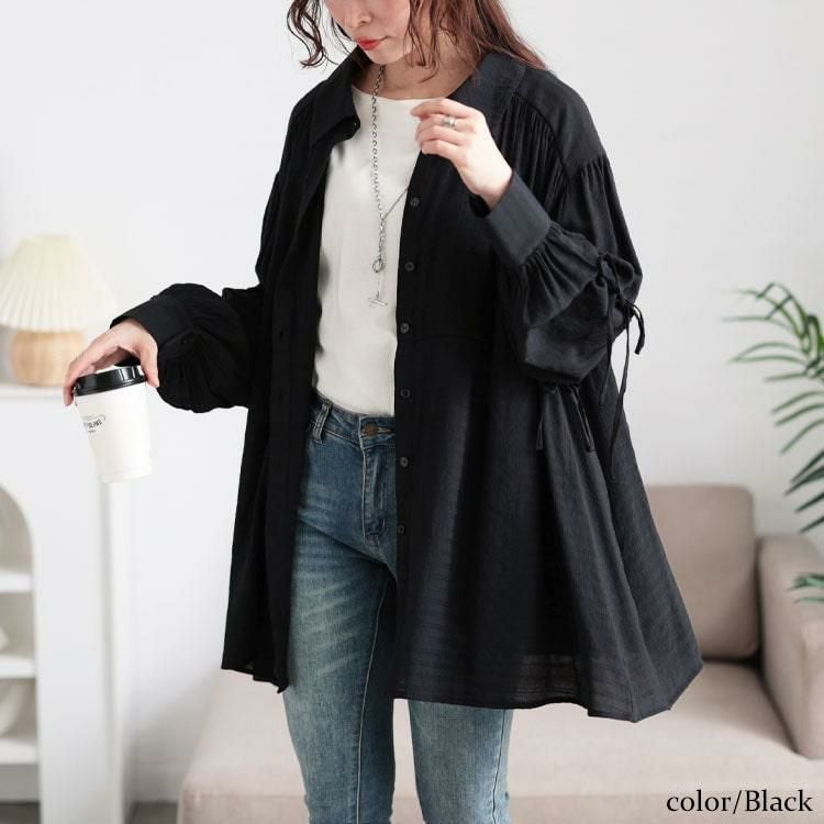 大きいサイズ レディース リボンドロストギャザーシャツチュニック　tani-36798ll ブラック