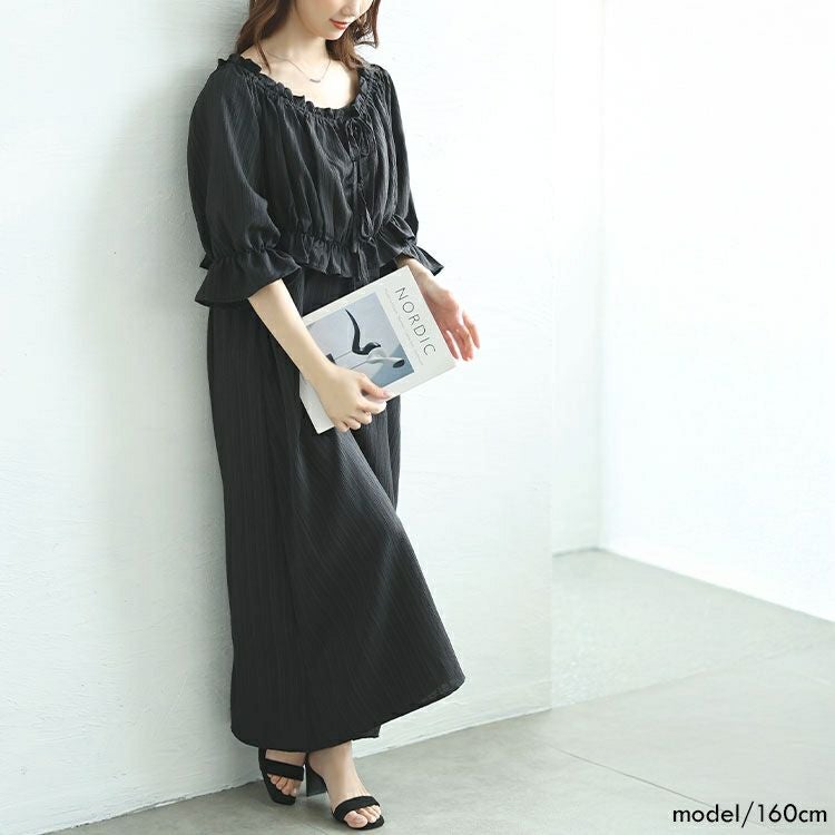 大きいサイズ レディース リボンフリルブラウス＆キャミワンピース2点セット　tani-36797ll