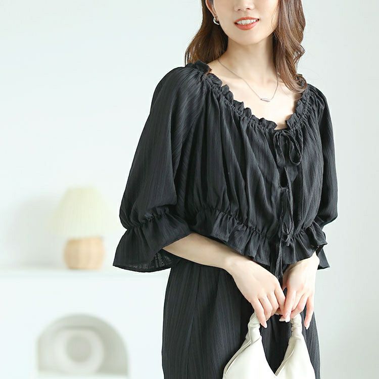 大きいサイズ レディース リボンフリルブラウス＆キャミワンピース2点セット　tani-36797ll