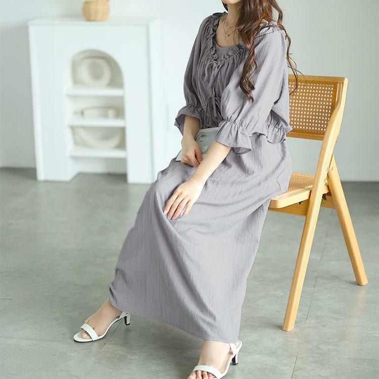 大きいサイズ レディース リボンフリルブラウス＆キャミワンピース2点セット　tani-36797ll グレー