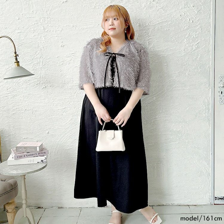 大きいサイズ レディース ラメフェザーリボンボレロ＆キャミワンピース2点セット　tani-36804ll