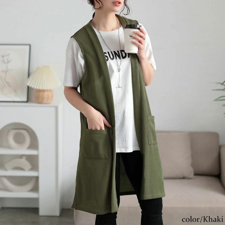 大きいサイズ レディース サイドスリット畦編みロングジレ　cast-5552029 【メール便可】