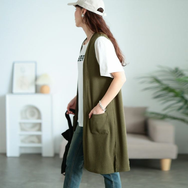 大きいサイズ レディース サイドスリット畦編みロングジレ　cast-5552029 【メール便可】