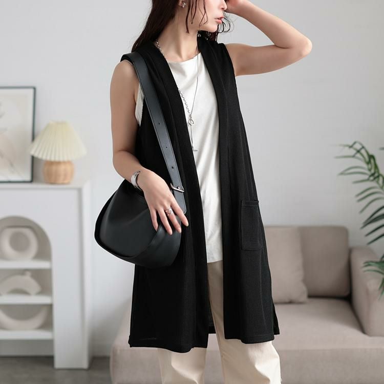 大きいサイズ レディース サイドスリット畦編みロングジレ　cast-5552029 【メール便可】 ブラック