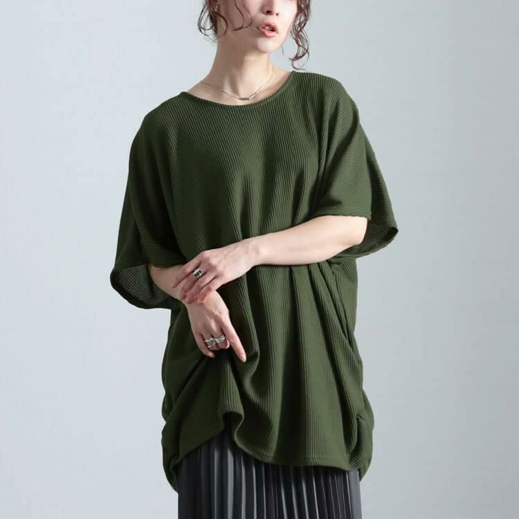 大きいサイズ レディース サイドギャザー畦編みドルマントップス　cast-5552028 【メール便可】 カーキ