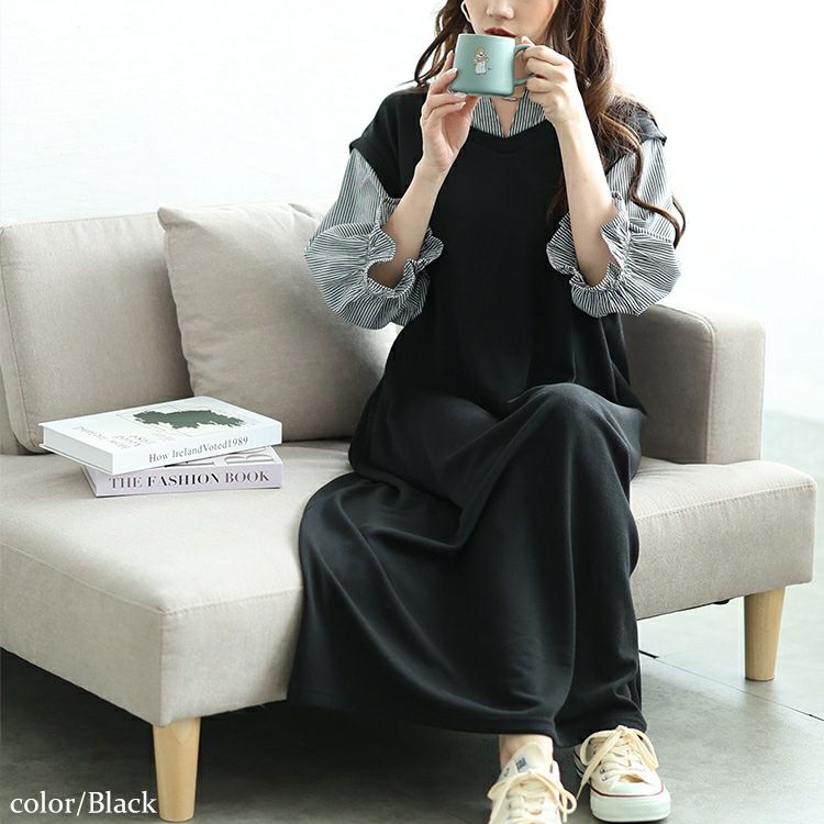 大きいサイズ レディース ストライプシャツ重ね着風ワンピース　cast-5552026