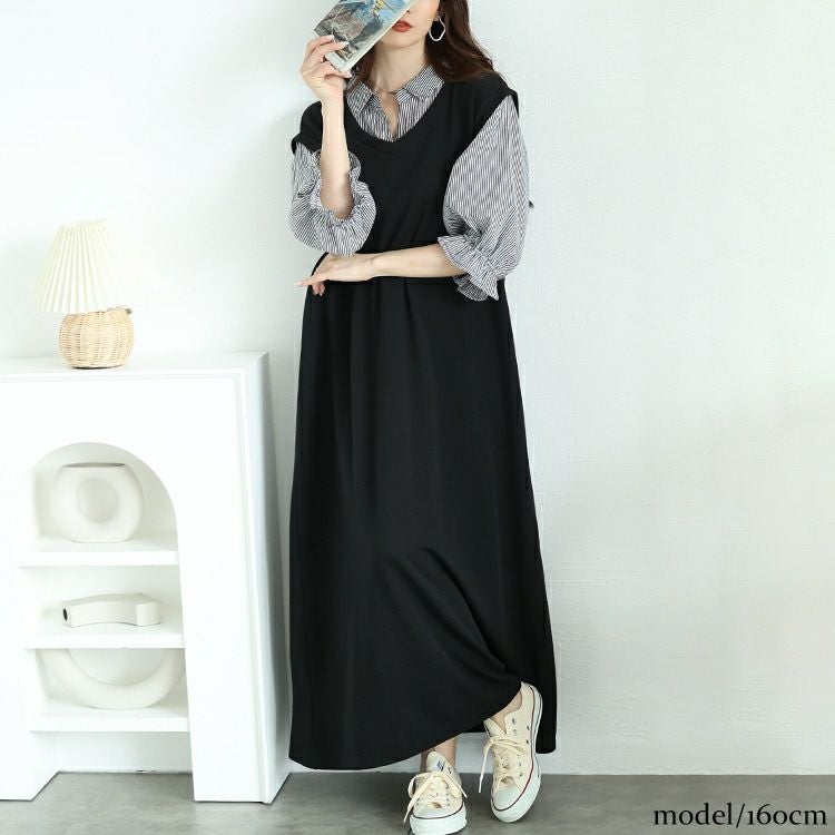 大きいサイズ レディース ストライプシャツ重ね着風ワンピース　cast-5552026