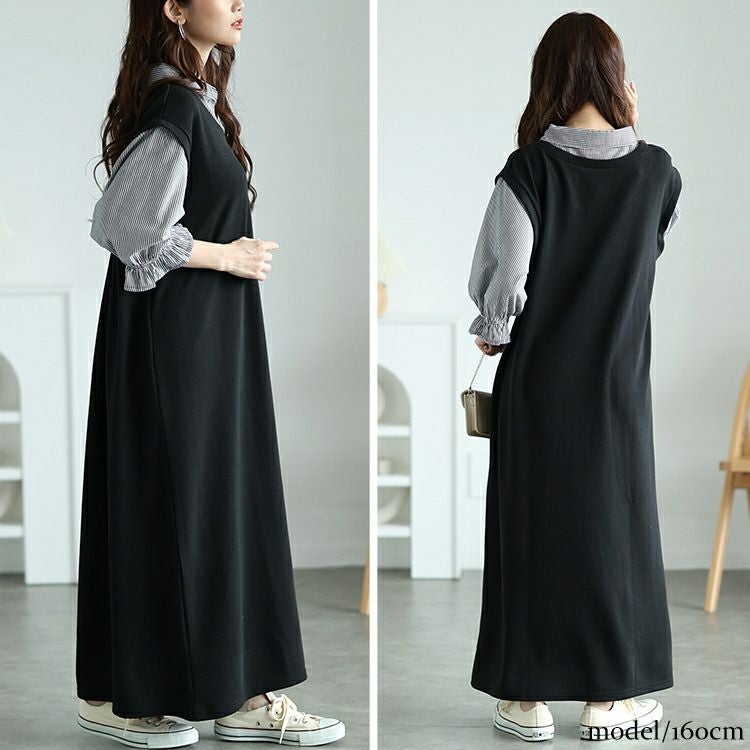 大きいサイズ レディース ストライプシャツ重ね着風ワンピース　cast-5552026