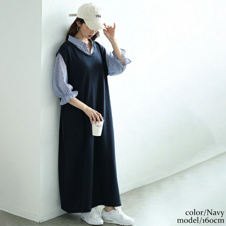 大きいサイズ レディース ストライプシャツ重ね着風ワンピース　cast-5552026