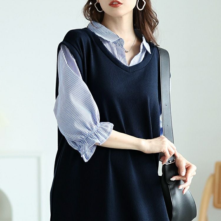 大きいサイズ レディース ストライプシャツ重ね着風ワンピース　cast-5552026