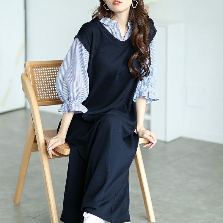 大きいサイズ レディース ストライプシャツ重ね着風ワンピース　cast-5552026