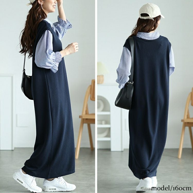 大きいサイズ レディース ストライプシャツ重ね着風ワンピース　cast-5552026