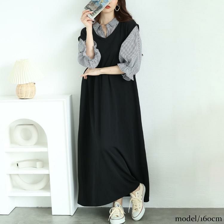 大きいサイズ レディース ストライプシャツ重ね着風ワンピース　cast-5552026 ブラック
