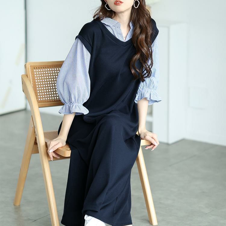 大きいサイズ レディース ストライプシャツ重ね着風ワンピース cast