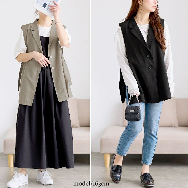 大きいサイズ レディース 麻調テーラーカラーサイドベルトジレ　plan-181000 【メール便可】