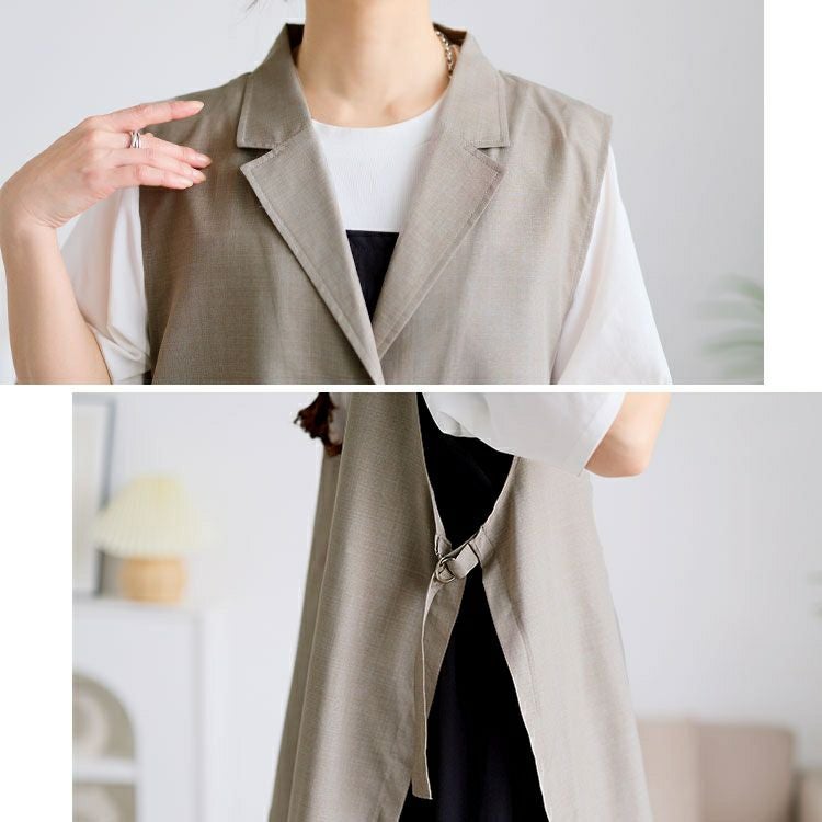 大きいサイズ レディース 麻調テーラーカラーサイドベルトジレ　plan-181000 【メール便可】