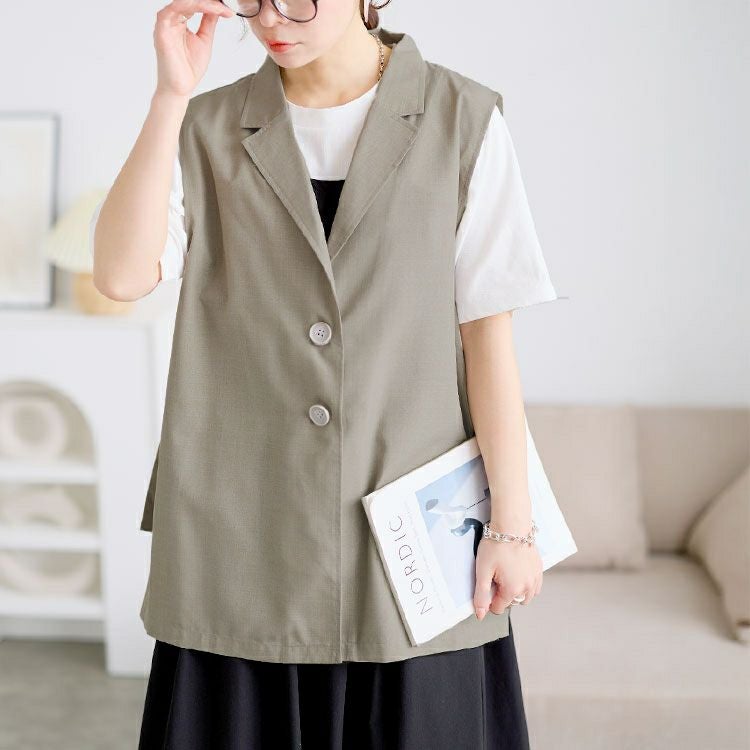 大きいサイズ レディース 麻調テーラーカラーサイドベルトジレ　plan-181000 【メール便可】