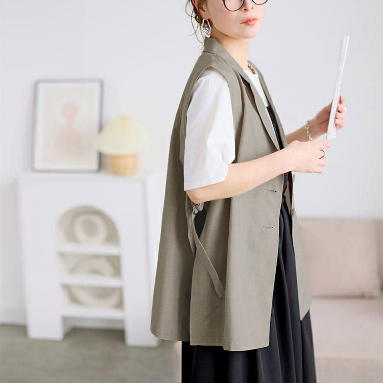 大きいサイズ レディース 麻調テーラーカラーサイドベルトジレ　plan-181000 【メール便可】