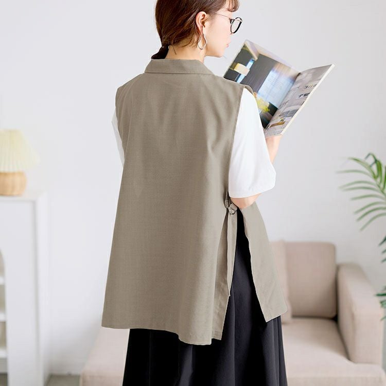 大きいサイズ レディース 麻調テーラーカラーサイドベルトジレ　plan-181000 【メール便可】