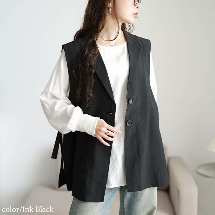 大きいサイズ レディース 麻調テーラーカラーサイドベルトジレ　plan-181000 【メール便可】