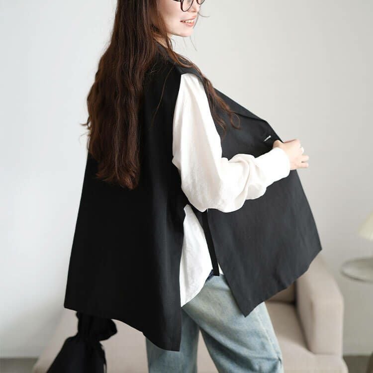 大きいサイズ レディース 麻調テーラーカラーサイドベルトジレ　plan-181000 【メール便可】