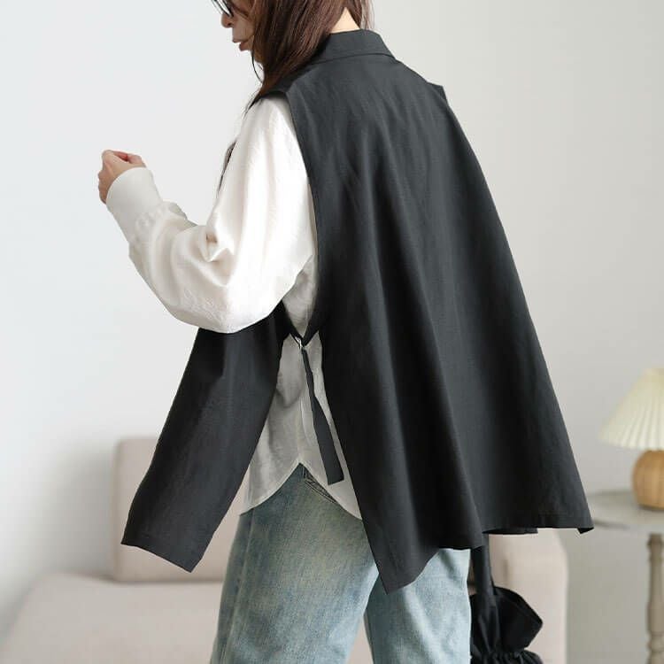 大きいサイズ レディース 麻調テーラーカラーサイドベルトジレ　plan-181000 【メール便可】