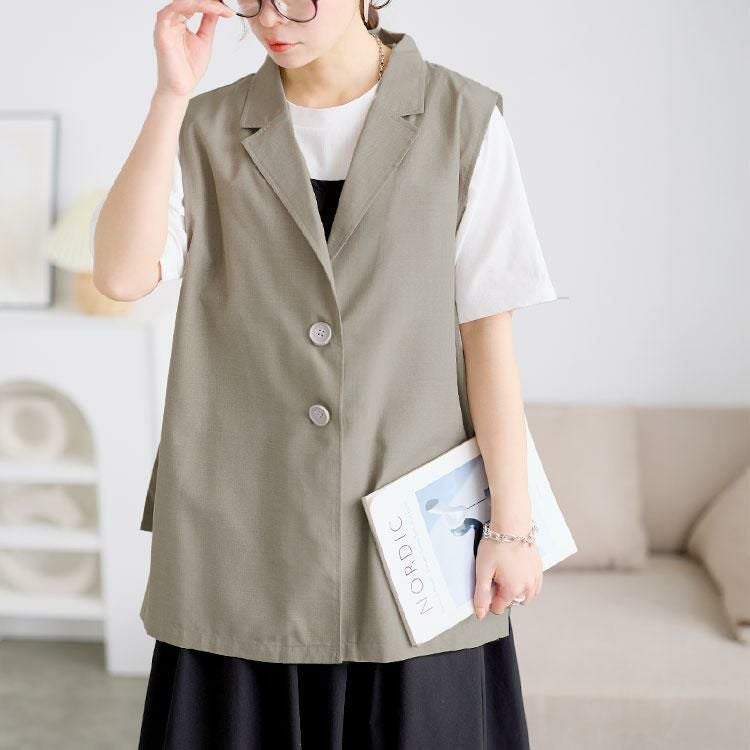 大きいサイズ レディース 麻調テーラーカラーサイドベルトジレ　plan-181000 【メール便可】 ベージュ