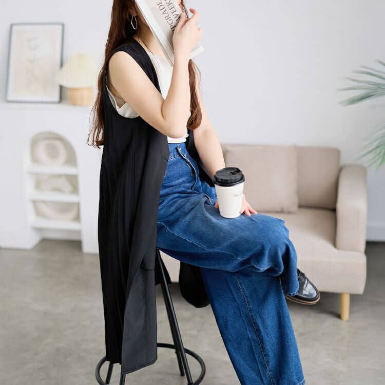 大きいサイズ レディース 麻調バックプリーツロングジレ　plan-181501