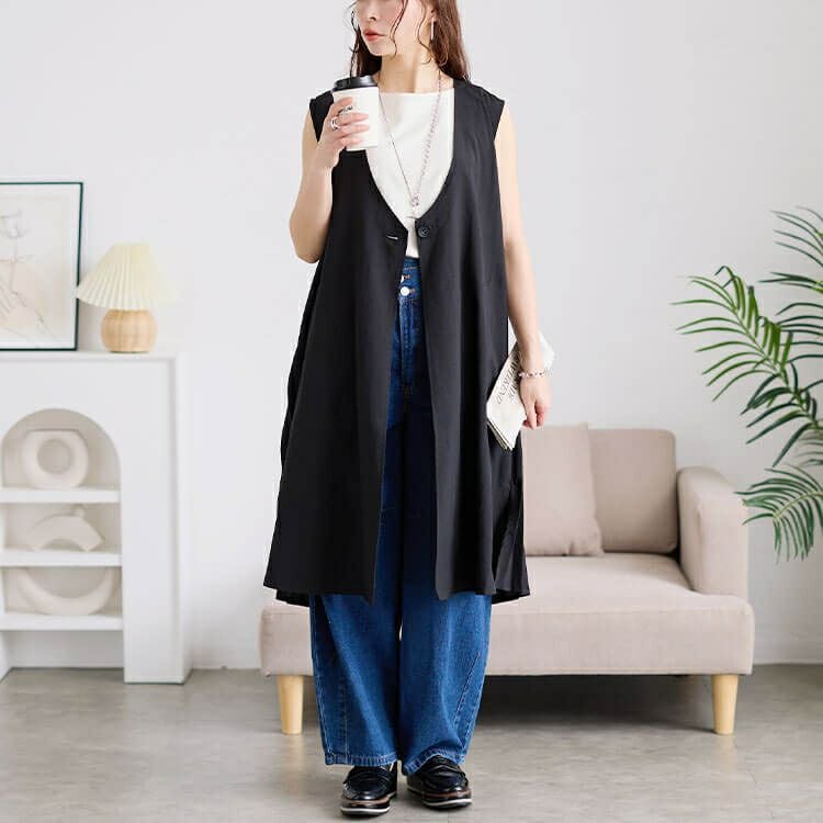 大きいサイズ レディース 麻調バックプリーツロングジレ　plan-181501