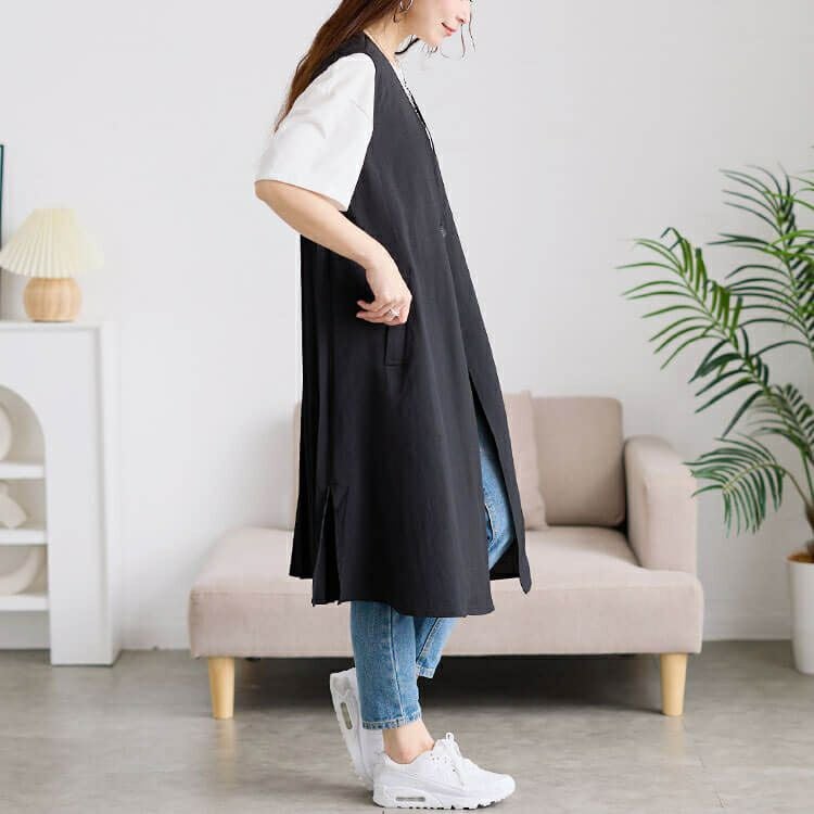 大きいサイズ レディース 麻調バックプリーツロングジレ　plan-181501