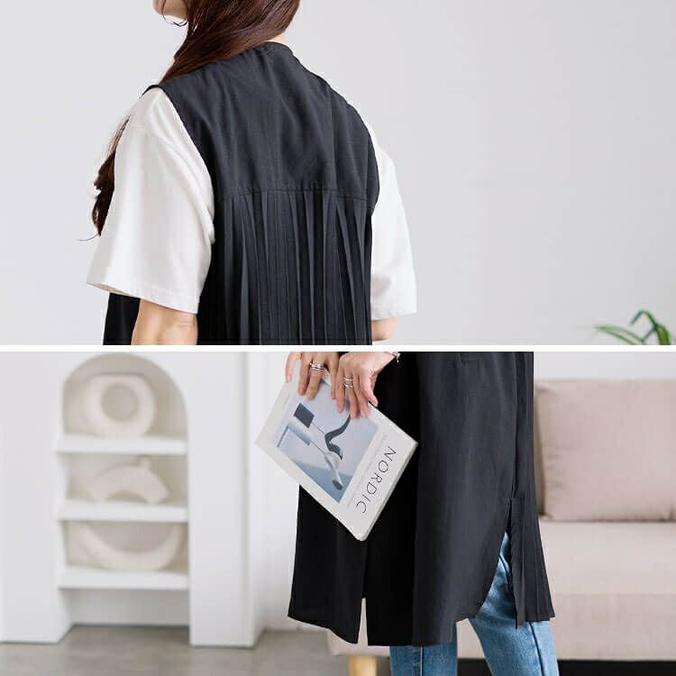 大きいサイズ レディース 麻調バックプリーツロングジレ　plan-181501