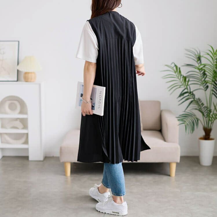 大きいサイズ レディース 麻調バックプリーツロングジレ　plan-181501