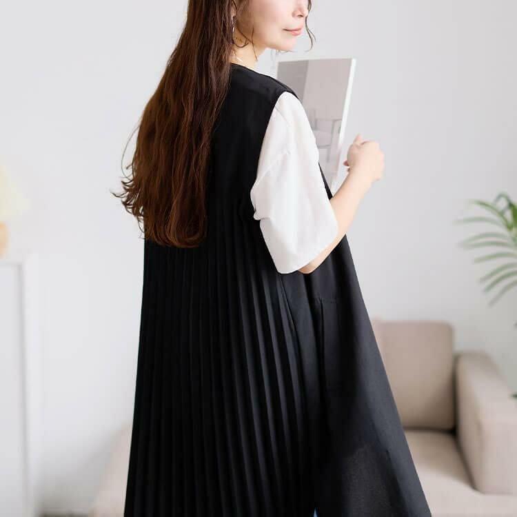 大きいサイズ レディース 麻調バックプリーツロングジレ　plan-181501 スミクロ