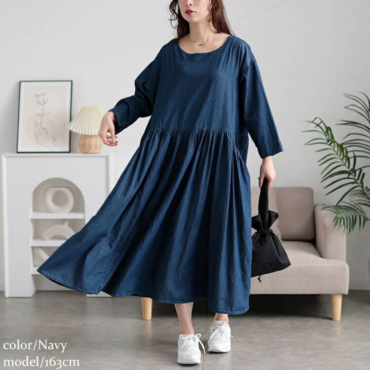 大きいサイズ レディース ギャザーポケットコットンデニムワンピース　plan-381003