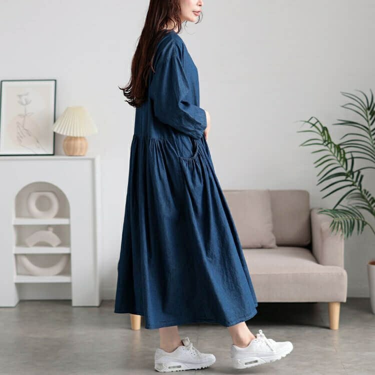 大きいサイズ レディース ギャザーポケットコットンデニムワンピース　plan-381003