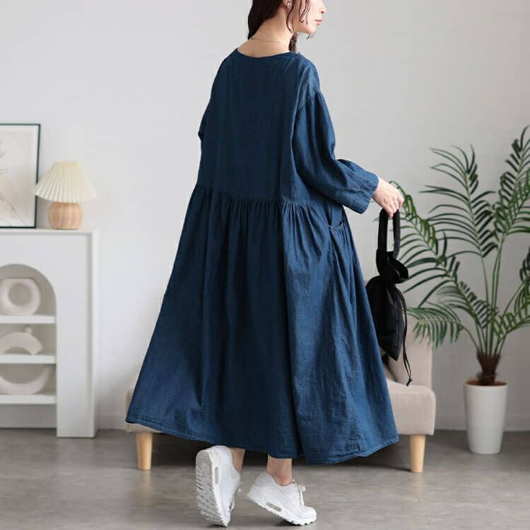 大きいサイズ レディース ギャザーポケットコットンデニムワンピース　plan-381003