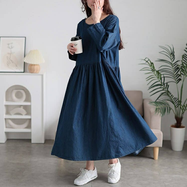 大きいサイズ レディース ギャザーポケットコットンデニムワンピース　plan-381003