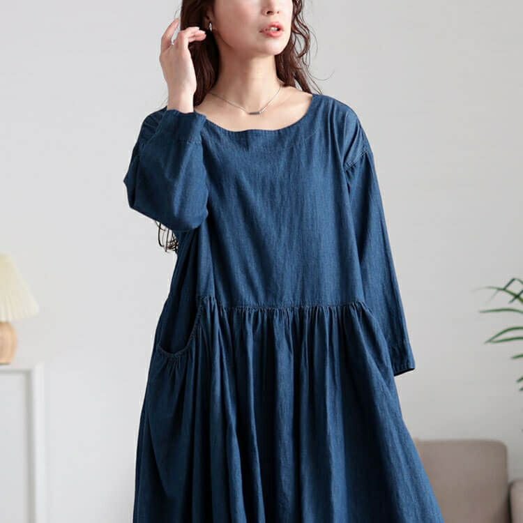 大きいサイズ レディース ギャザーポケットコットンデニムワンピース　plan-381003